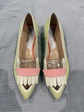 Pollini Pale Yellow Pointed Loafers with Pink Accent
